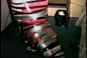25 Yr OLD 2nd GRADE SCHOOL TEACHER IS MUMMY WRAPPED AND GAGGED WITH PLASTIC WRAP, BLACK ELECTRICAL TAPE AND SILVER DUCT TAPE ON A CHAIR (D68-13)