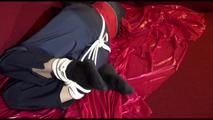 Lucy tied, gagged and hooded on a sofa wearing an oldschool rainwear combination (Video)