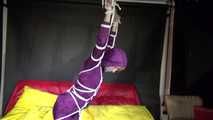 Watching sexy Sonja wearing a supersexy purple shiny nylon rainwear combination being tied and gagged overhead with ropes and a clothgag (Video)