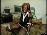 21 Yr OLD BLACK COLLEGE STUDENT GETS BANDANA CLEAVE GAGGED, CHAIR TIED  WEARING BLACK LINGERIE, GARTER BELT & HIGH HEELS (D65-3)