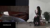 Mistress Cleo squirts cologne into the mouth of the slave lying in the toilet. Picture in Picture
