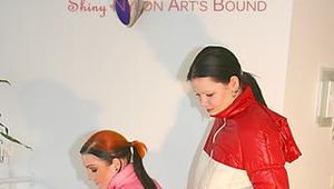 Jill tied and gagged by another archive girl bot wearing old school shiny nylon downwear (Pics)