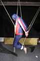 SEXY SONJA tied and gagged with ropes and a clothgag suspended wearing a sexy red/blue downwear combination (Pics)