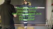 Lana tied and gagged in a shiny nylon Downjacket