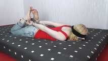 Sarah hogtied with hand and feet cuffs get tickled