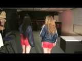 ***HOT HOt HOT*** Jenny and Petra wearing sexy shiny nylon shorts and tops posing and exploring the club (Video)