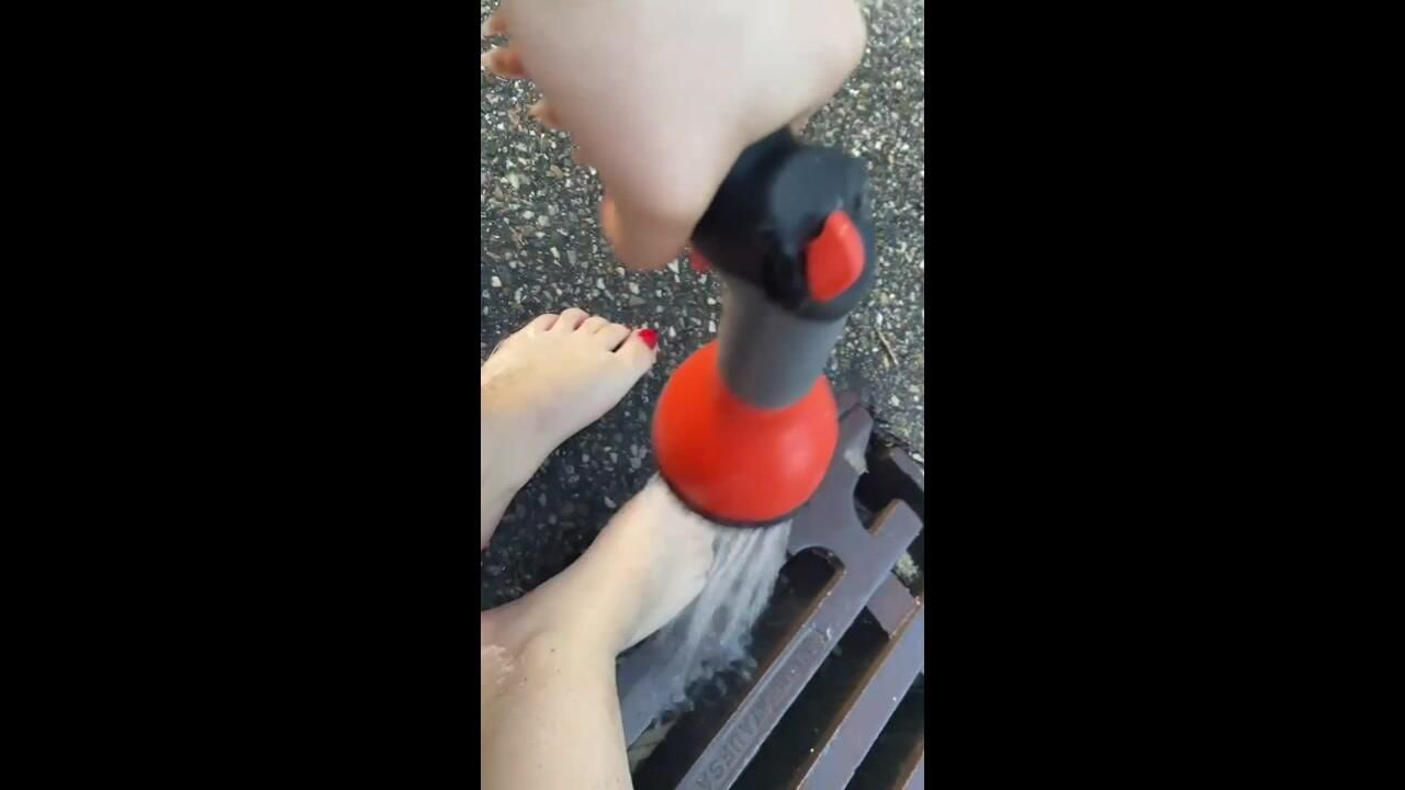 I wash my dirty feet after hiking in the forest!