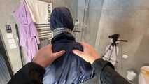Myxxxy got a messy experience in nylon Rainwear. I bound and gagged her with tape in a shiny nylon Rainsuit and served her a chocolate pudding. 