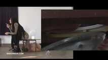 Mistress Cleo squirts cologne into the mouth of the slave lying in the toilet. Picture in Picture
