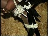 21 Yr OLD BLACK COLLEGE STUDENT GETS BANDANA CLEAVE GAGGED, CHAIR TIED  WEARING BLACK LINGERIE, GARTER BELT & HIGH HEELS (D65-3)
