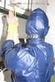 Stella tied, gagged and hooded in the kitchen wearing supersexy blue rainwear (Pics)