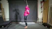 Rachel Adams bound, Pantygagged and Pantyhooded in a shiny nylon Downjacket