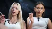 Two Beautiful Girls Smoking Together in white socks