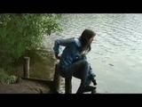 Alina walking on a lake wearing sexy shiny nylon shorts under her jeans and a down jacket (Video)