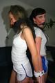 Jill and Petra tied and gagged in shiny shorts