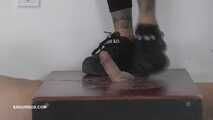 Slave's orgasms under Mistress Cleo's platform shoe