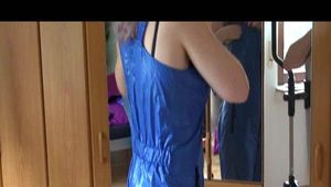 Mara dressing her up with a new supersexy shiny nylon bib oberall and a rain jacket (Video) 