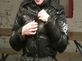 Jill Diamond playing with herself wearing a sexy shiny nylon rain pant and a down jacket (Video)