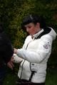 Jill ties her friend in shiny downjackets
