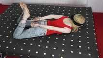 Sarah hogtied with hand and feet cuffs get tickled