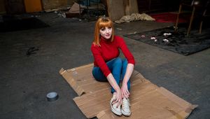 Amber in Turtleneck Tape Up barefoot in the Attic