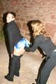 Stella and Leonie in a cellar wearing sexy shiny nylon shorts under their jeans (Pics)