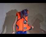 Mara wearing a sexy shiny swimsuit and a shiny nylon shorts trying on a lifevest (Video)