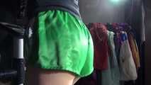 Watching sexy Sandra during her workout wearing a sexy green shiny nylon shorts and a black top (Video)