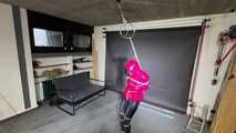 Rachel Adams bound, Pantygagged and Pantyhooded in a shiny nylon Downjacket