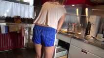 Watching ***OUR SEXY PIA*** wearing a sexy blue striped shiny nylon shorts and a white tshirt  posing for you in the kitchen doing her housework (Video)