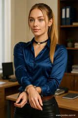 Blonde Secretary With Dark Satin Blouse