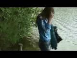 Alina walking on a lake wearing sexy shiny nylon shorts under her jeans and a down jacket (Video)
