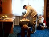 Handcuffed and hogtied on screen