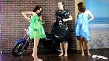 Lucky, Nelly, Xenia - Trio pose on motorbike, one girl ends up hogtied (video)