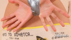 Vijaya - von ihrer Mitbewohnerin eingefangen, in Klarsichtfolie gewickelt klar und landet in Hogtie (1)