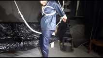 ***SPECIAL*** SEXY SANDRA tied and gagged overhead with special crotchrope wearing a sexy blue really shiny nylon rain pants and an oldschool shiny nylon rain jacket (Video)