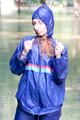 Stella jumping in puddles wearing sexy blue shiny nylon rainwear and rubber boots (Pics)