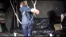 ***SPECIAL*** SEXY SANDRA tied and gagged overhead with special crotchrope wearing a sexy blue really shiny nylon rain pants and an oldschool shiny nylon rain jacket (Video)