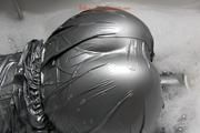 Simone in an shiny grey pvc sauna suit tied and gagged by Sophie in the bath tub (pics)