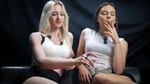 Two Beautiful Girls Smoking Together in white socks