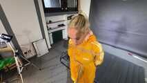 Ms Ungeniert tied and gagged in shiny nylon Rainwear trying to escape