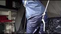 ***SPECIAL*** SEXY SANDRA tied and gagged overhead with special crotchrope wearing a sexy blue really shiny nylon rain pants and an oldschool shiny nylon rain jacket (Video)