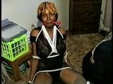 21 Yr OLD BLACK COLLEGE STUDENT GETS BANDANA CLEAVE GAGGED, CHAIR TIED  WEARING BLACK LINGERIE, GARTER BELT & HIGH HEELS (D65-3)
