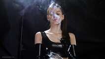 Beauty girl Smoking wearing Latex gloves and top