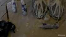 First messy experience with whipped cream on the floor