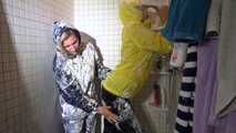 Sexy Sandra and Stella both wearing shiny nylon rainwear playing with shaving cream and eachother (Video)
