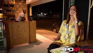 Horny latina slut giving blowjob on her knees to a bartender