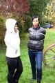 Jill ties her friend in shiny downjackets