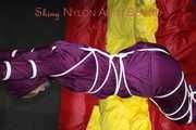 Watching sexy Sonja wearing a supersexy purple shiny nylon rainwear combination being tied and gagged overhead with ropes and a clothgag (Pics)