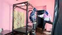 Breathplay Sebastien tied to an iron structure.